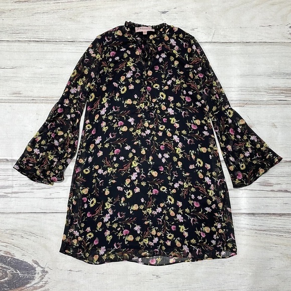 Philosophy Dress Boho Floral Shift Black Pink Yellow Bell Sleeves Size XS - Picture 1 of 12